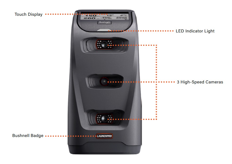 This is an image of the front of the Bushnell Golf Launch Pro Launch Monitor. Showing, from the top down, the Touch Display, the LED Indicator Light, the 3 High-Speed Cameras, and last the Bushnell Badge. 