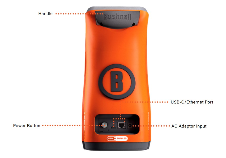 This is an image of the back of the Bushnell Golf Launch Pro Launch Monitor. Showing, from the top down, the Handle, The USB-C & Ethernet Port, the Power Button, and last the AC Adaptor Input.