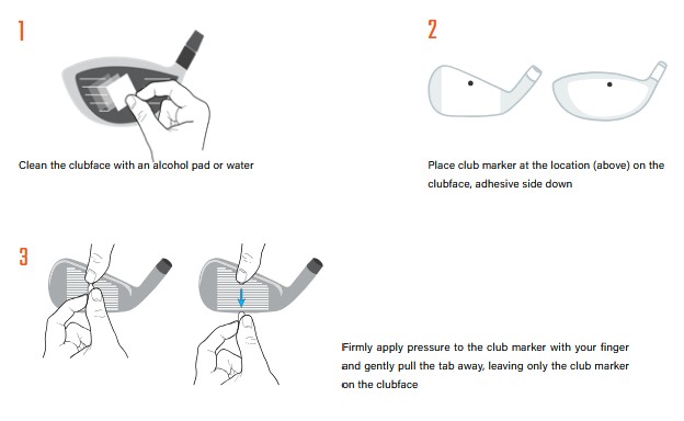 A three-step illustrated guide showing how to apply a club marker to a golf club. Step 1 shows a hand cleaning the clubface with an alcohol pad or water. Step 2 shows the club marker being placed on the indicated location on the clubface with the adhesive side down. Step 3 shows a finger pressing firmly on the marker while the tab is gently pulled away, leaving only the club marker attached to the clubface.