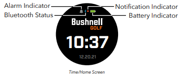 This image references the Time/Home screen of a Bushnell iON Elite watch, showing a round display with the Bushnell Golf logo at the top and the time “10:37” centered, with the date “12.20.21” below. Four callout lines label icons along the top edge of the screen. From left to right, the icons are the alarm indicator, the Bluetooth status indicator, the notification indicator, and the battery indicator.