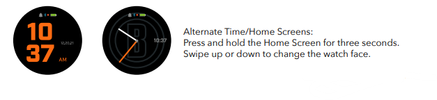 This image references two alternate time/home screen designs on a Bushnell iON Elite watch. The left example displays a digital time layout, and the right example shows an analog-style watch face. Text to the right explains how to change the watch face: press and hold the Home screen for three seconds, then swipe up or down to switch between views.