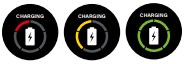 This image references three circular charging status indicators for Bushnell iON Elite watch. The left indicator shows a red ring for low battery while charging, the center indicator shows a yellow ring for medium battery level while charging, and the right indicator shows a green ring for full battery while charging. Each icon includes a battery symbol with a lightning bolt in the center and the word “CHARGING” above.