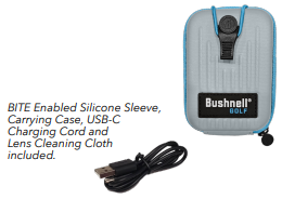 This image references a gray Bushnell A1-Slope carrying case with blue trim shown beside a black USB-C charging cable. Text indicates the package includes a bite-enabled silicone sleeve, carrying case, USB-C charging cord, and lens cleaning cloth.